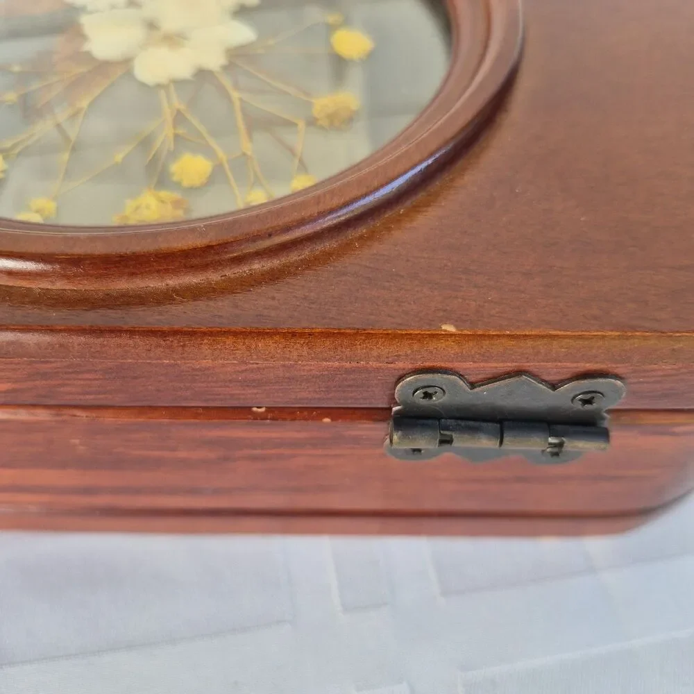 Vntg 90s Flower Inlay Glass  Jewelry Box